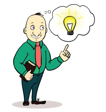 Vector illustration of a creative cartoon businessman pointing at light bulb as a symbol of having an idea