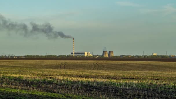 Veld en fabriek rook — Stockvideo