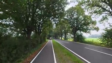 Ağaçlarla çevrili bir yol boyunca bisiklet sürüyor.