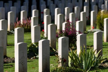 Ehrenfriedhof II. Dünya Savaşı askeri mezarlığı Köln 'de. Sudfriedhof Köln 'deki Şeref Mezarlığı' nın beyaz mezar taşları