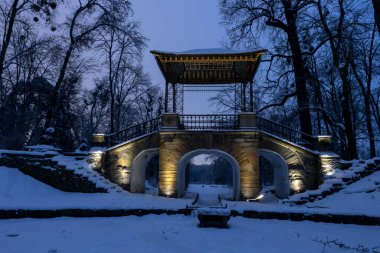 Klasik Çin tasarımı ve dekoratif ışıklandırmanın yer aldığı kış parkındaki doğu köprüsünün akşam manzarası. Yumuşak parıltı kıvrımlı çatıyı ve karmaşık detayları vurguluyor, sakin ve resimsel bir sahne sunuyor.