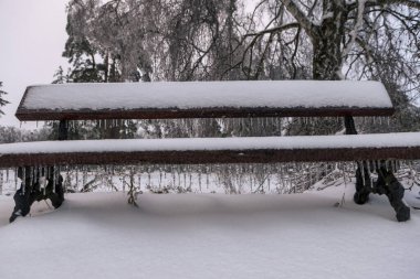 Buz gibi, karla kaplı bir park boş bir bankta sessiz bir kış parkında buz saçakları kenarlarında asılı duruyor. Buz, sessizlik ve soluk ışık soğuk, sakin bir kış durgunluğu atmosferi yaratır..