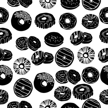 Beyaz arka planda çeşitli süslemeleri olan jöleli donut siluetlerinin kusursuz deseni, hızlı bir atıştırma vektörü çizimi için tatlı hamur işleri