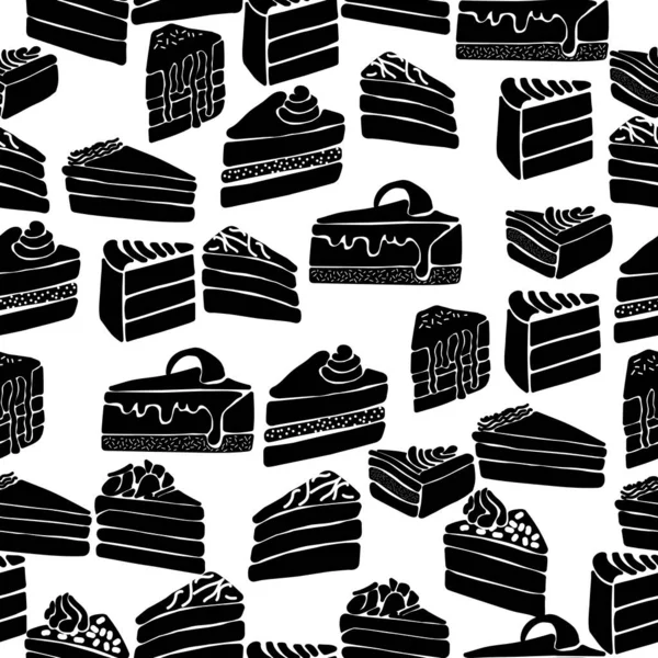 Απρόσκοπτη Μοτίβο Μαύρες Σιλουέτες Κομματιών Από Διάφορα Κέικ Κρέμα Και — Διανυσματικό Αρχείο