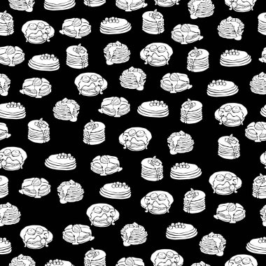 Siyah zemin üzerinde çeşitli meyve ve soslu beyaz siluetlerin kusursuz deseni, kahvaltı vektörü çizimi için tatlı krepler tasarım ve yaratıcılık için