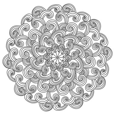 Dalgalı buklelerin simetrik karalama mandala, tasarım ve yaratıcılık için yuvarlak anti-stres renklendirme sayfası çizimi