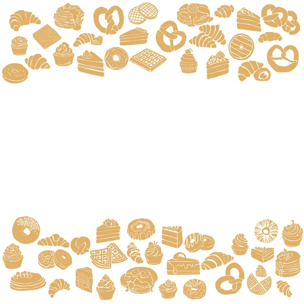 两个横向边界的框架 内有早餐糕点的轮廓 不同类型羊角面包的棕色轮廓 华夫饼 蛋糕片 椒盐卷饼和甜甜圈 — 图库矢量图片
