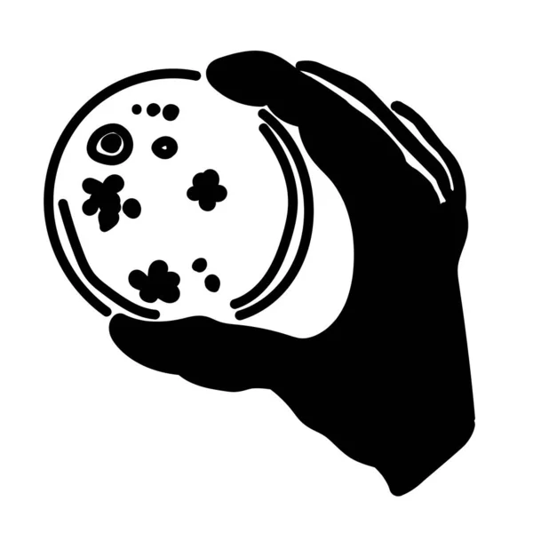 Silueta Una Mano Con Una Placa Petri Una Colonia Microorganismos — Archivo Imágenes Vectoriales