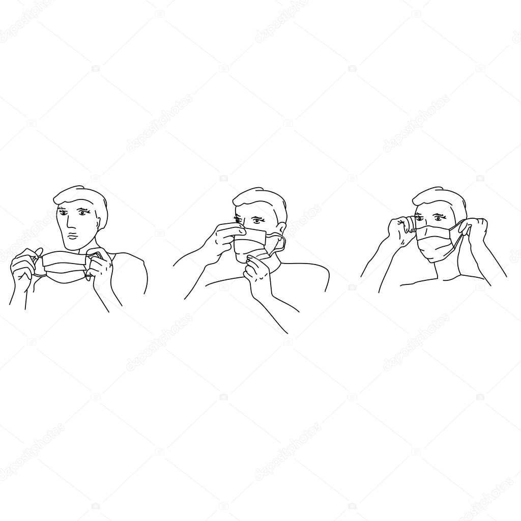 How to put on a medical mask, step-by-step instructions for showing a person wearing a medical protective mask, outline vector illustration 