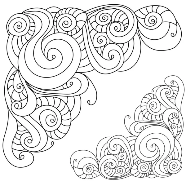 Contorno Decorativo Esquinas Zen Con Remolinos Espirales Página Para Colorear — Vector de stock