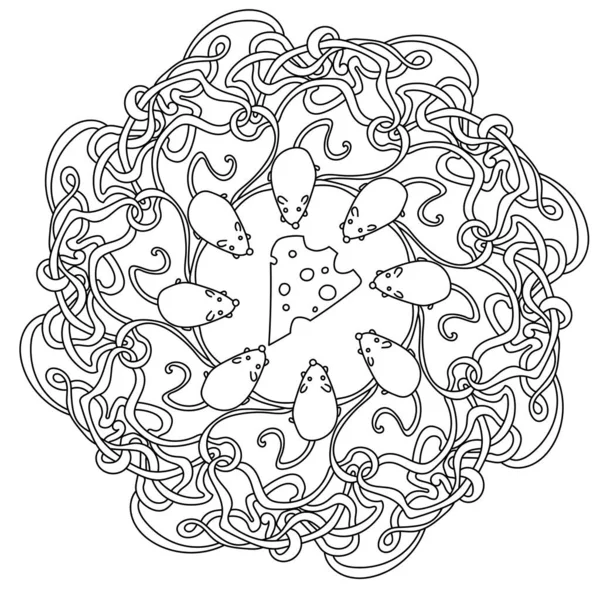 Mandala Enchevêtré Abstrait Avec Jolies Souris Autour Morceau Fromage Des — Image vectorielle