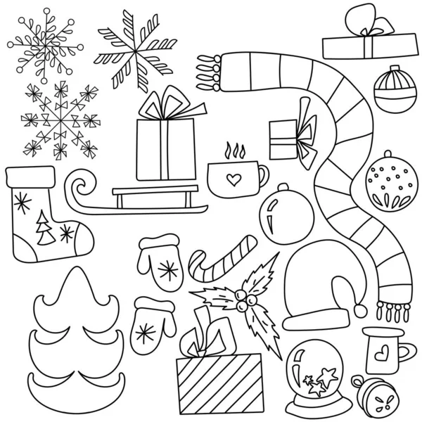 Uppsättning Jul Skissera Doodle Attribut Festlig Vinter Detaljer Färg Sida — Stock vektor