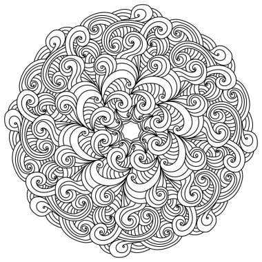Birçok kıvrımlı ve doğrusal kemerli stres önleyici mandala, süslü desenli zen boyama sayfası, yaratıcılık için vektör çizgisi çizimi
