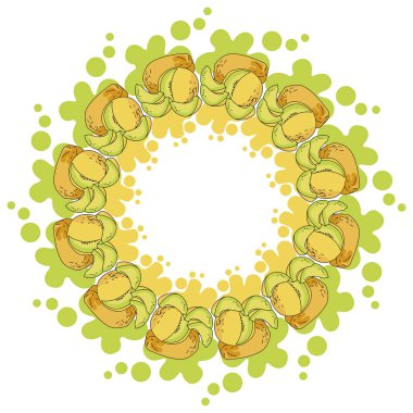 Bir çelenk sulu sarı karpuz ve renk sıçramalarla sıçrar, parlak sarı meyve bütün olarak ve yuvarlak bir çerçeve çizimi şeklinde dilimler.