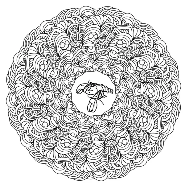 Antistress Doodle Mandala Met Boog Krullen Driehoekige Krullen Met Dierenriem — Stockvector