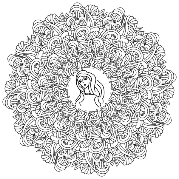 Contour Zen Mandala Avec Boucles Lignes Ornées Signe Zodiaque Vierge — Image vectorielle