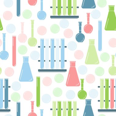 Çocuk renginde test tüpleri ve mataraları olan kusursuz desen, beyaz arka planda laboratuvar camları ve nazik renk baloncukları, tasarım için bilimsel araştırma vektörü çizimi