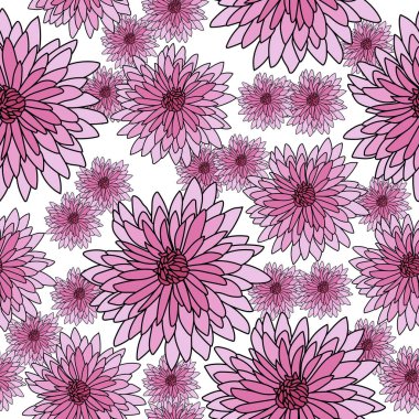 Beyaz bir zemin üzerinde kusursuz pembe kasımpatı deseni, birçok küçük taç yaprakları rastgele dizilmiş, tasarım için vektör çizimi