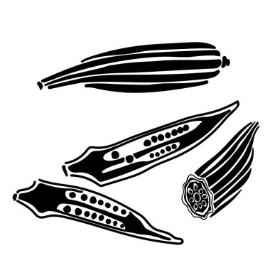 Bamya silueti, bütünü ve kesilmiş sebze, yarısı tohumlu, bir logo yaratmak veya tasarım için gıda paketleme vektör çizimi etiketlemek için hatlar