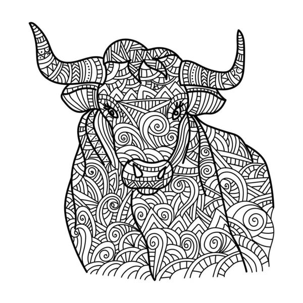 Cabeza Toro Con Patrones Ornamentados Página Para Colorear Zen Con — Vector de stock