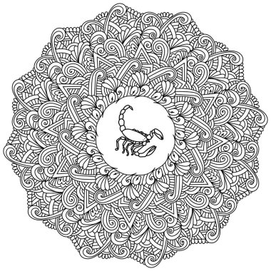 Bukleli, dalgalı ve akrep burcu işaretli stres önleyici mandala, yuvarlak çerçeve çizimi şeklinde zen boyama sayfası