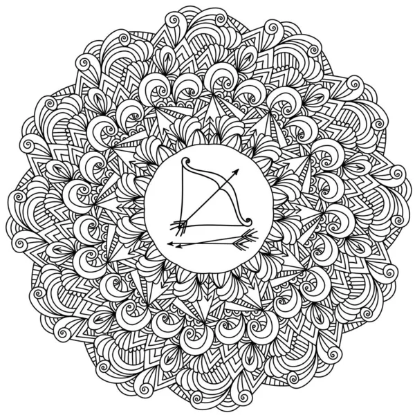Mandala Kontur Zen Liniowych Wzorów Znak Zodiaku Strzelec Centrum Antystresowe — Wektor stockowy
