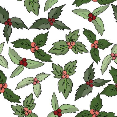 Çeşitli yeşil tonlarda yaprakları olan kusursuz bir desen, beyaz arka planda Noel kutlaması meyveleri, tasarım için vektör çizimi