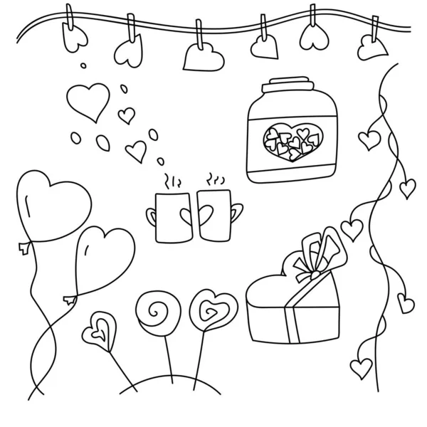 Valentinstag Kritzelset Herzförmige Süßigkeiten Und Geschenke Gepaarte Tassen Und Thematische — Stockvektor