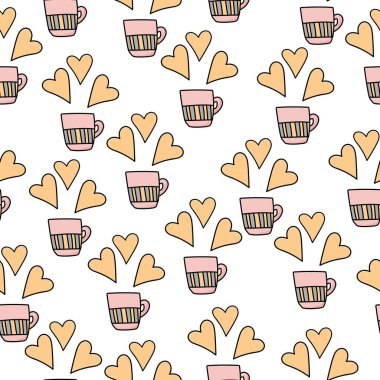 Seamless pattern pink doodle cup with striped early colored decor and bunch of yellow hearts, cozy hot drink vector illustration for design
