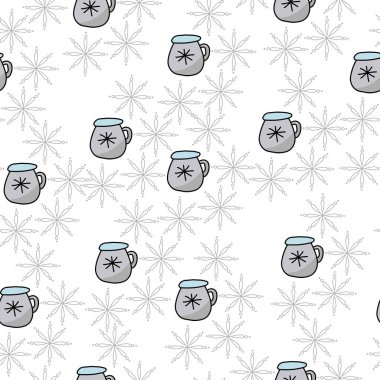 Seamless pattern cozy doodle mug and airy snowflake on a white background, winter decor vector illustration for creativity