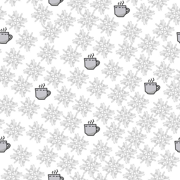 Seamless pattern doodle hot drink in a gray cup and twisted snowflakes around, winter festive mood vector illustration for design 