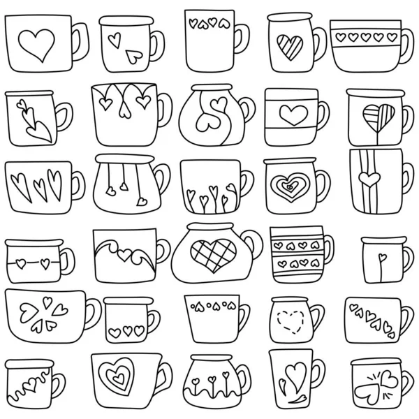 Набір Контурних Чашок Каракулі Сердечками Різних Варіаціях Затишні Чашки День — стоковий вектор