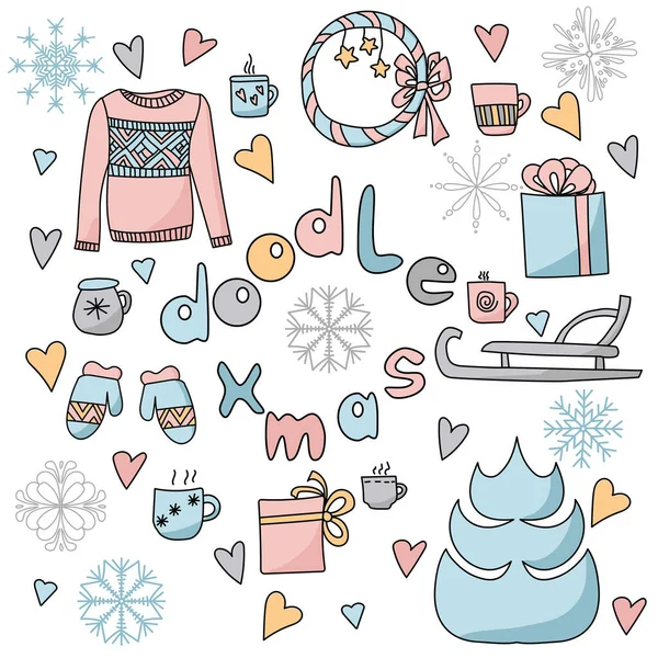 Set Doodle Navidad Cosas Acogedoras Artículos Invierno Accesorios Vacaciones Pequeñas — Archivo Imágenes Vectoriales