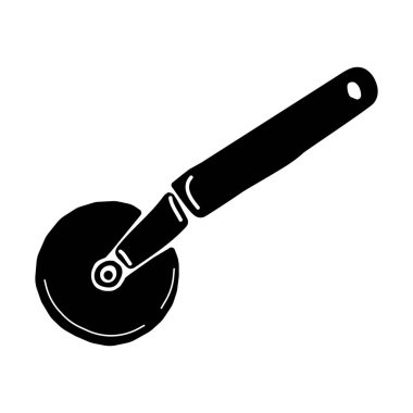 Pizza bıçağı silueti, yuvarlak fırın dilimleyici, metal mutfak ekipmanları, dilimleme aleti vektör çizimi