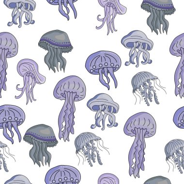 Beyaz bir arka planda denizanasının kusursuz deseni, parlak renklerde deniz altı sakinleri, çeşitli boyutlarda su hayvanları vektör çizimleri.