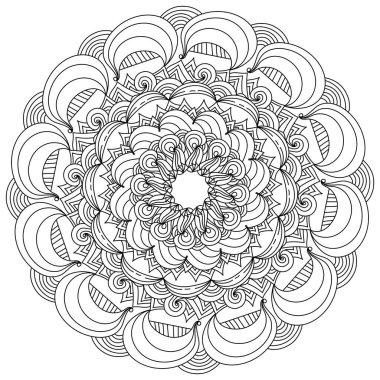 Geniş kemer ve bukleli stres önleyici mandala boyama sayfası yuvarlak çerçeve çizim çizimi şeklinde zen karalama desenleri