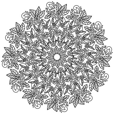 Yaprakları ve küçük dekoratif unsurları olan karalama çiçeklerinin zen mandala, yuvarlak bir çiçek çerçeve çizimi şeklinde anti-stres boyama sayfası
