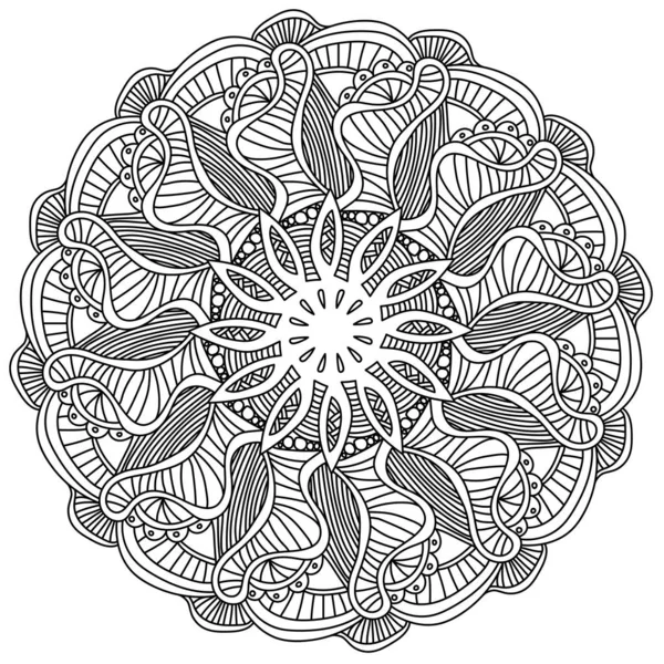 Kontur Zen Antistress Mandala Mit Gestreiften Blütenblättern Und Locken Doodle — Stockvektor