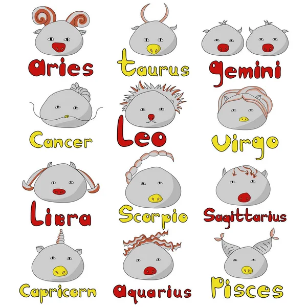 Set Kawaii Style Zodiac Signs Funny Gray Rounds Red Yellow — Stock Vector