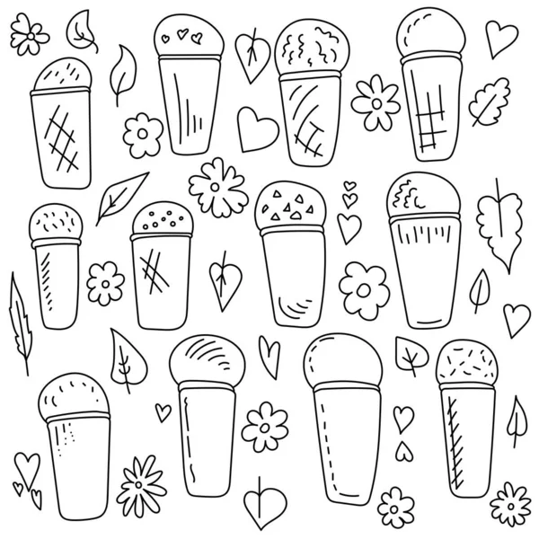 Set Aus Doodle Eisbechern Und Floralen Floralen Elementen Konturierten Kalten — Stockvektor