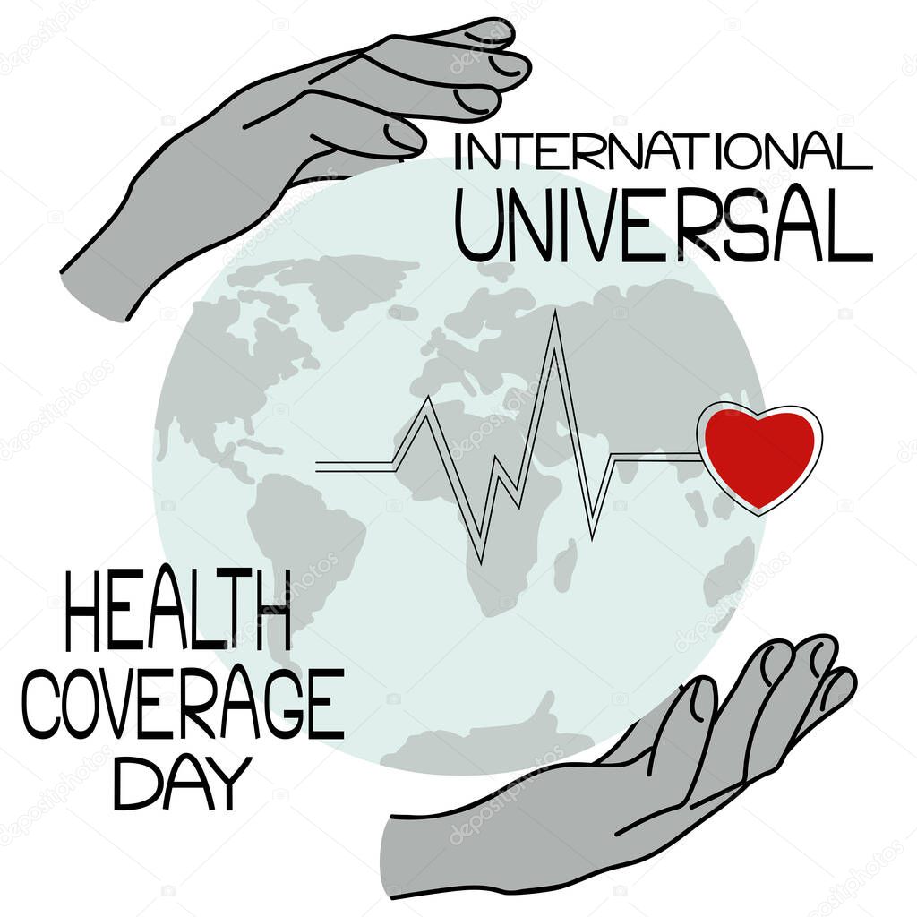 International Universal Health Coverage Day, Symbolic image of the planet, caring hands and heartbeat, caring for patients vector illustration