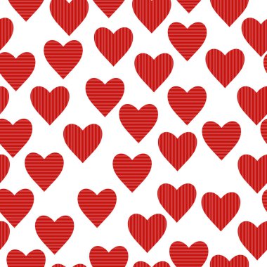 Yatay ve dikey çizgili kusursuz kırmızı kalpler deseni, tekrarlanan detaylar vektör illüstrasyonlu parlak arkaplan