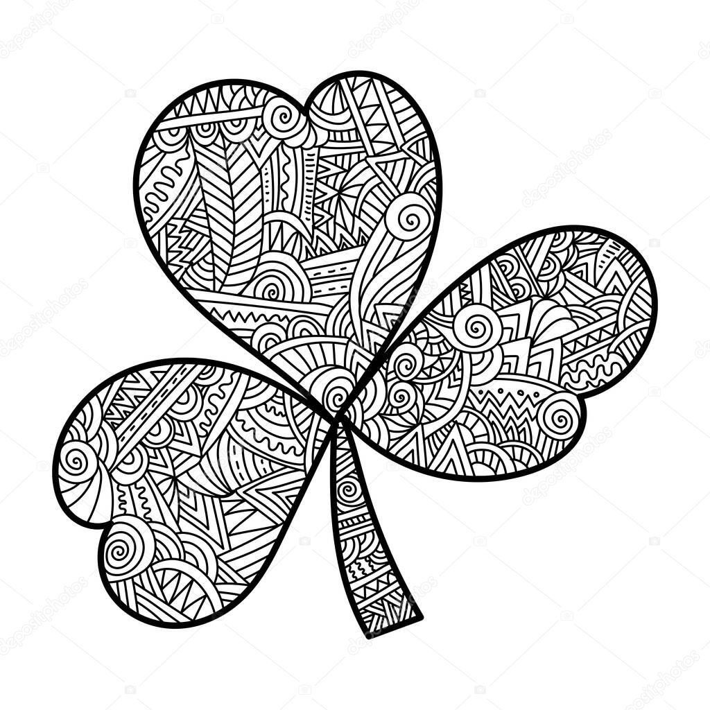 St Patrick's Day Trefoil, Irish Holiday Symbols in anti-stress coloring page with ornate zen patterns vector illustration