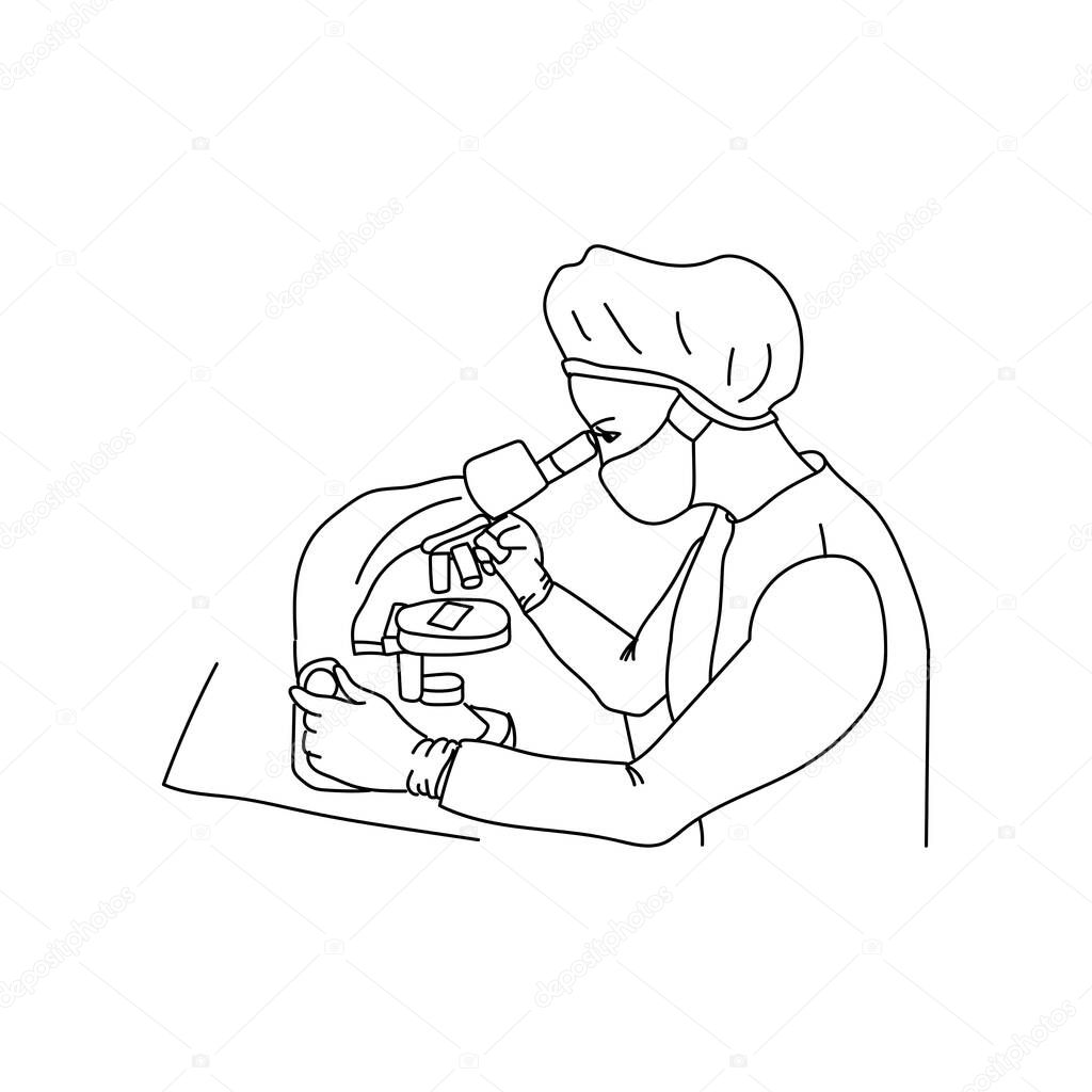 Laboratory research, a man in a medical mask and protective clothing looks through a microscope, an outline drawing on a medical theme vector illustration