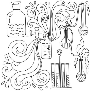 Bilimsel stres önleme sayfası, mataralar, test tüpleri ve çeşitli reaksiyonlara sahip diğer laboratuvar kapları, süslemeli şekiller vektör ilülasyonu şeklinde kimyasal reaksiyonlar