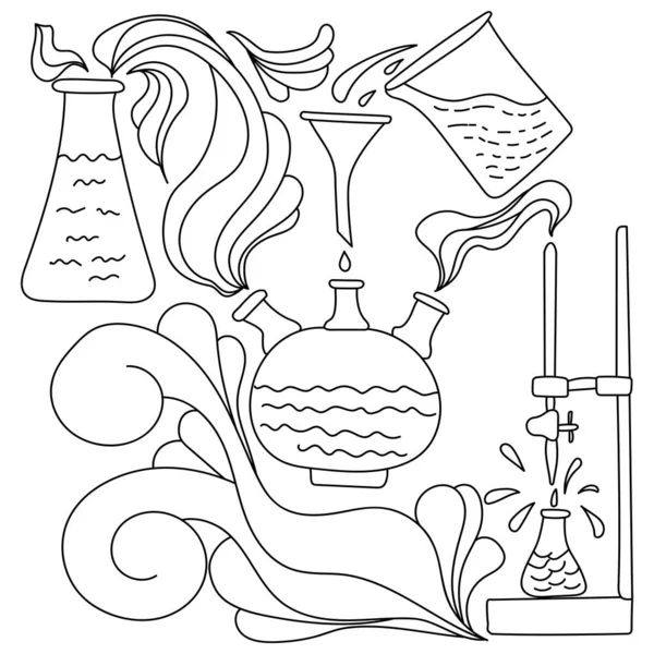 Coloring Page Science Theme Laboratory Glassware Equipment Fantasy Patterns Antistress — Stock Vector
