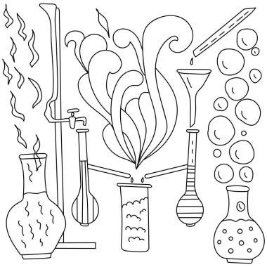 Fantezi şablon çizimleri ile çevrili bilimsel malzemeler, mataralar, huniler ve bürolar ile renklendirme sayfası