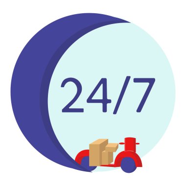 7 / 24 teslimat, çalışma saatleri hakkında yuvarlak simge ve kutular ile moped, servis ve iş reklam vektörü illüstrasyon için her zaman hızlı teslim