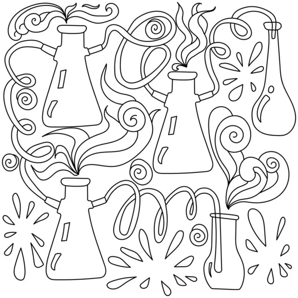 抗应力着色的页面科学 各种形状的瓶与相互交织的管子 卷曲的混乱和实验室设计的矢量插图 — 图库矢量图片