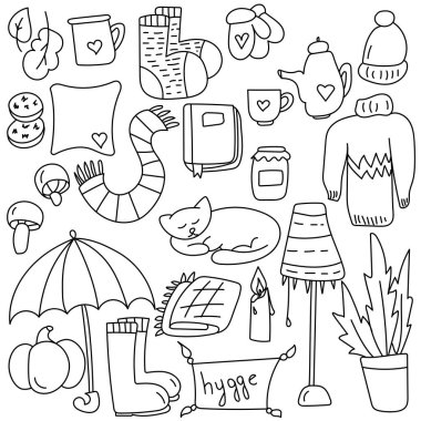 Hygge tarzında rahat karalamalar, ev giysileri ve iç öğeler, boyama sayfası illüstrasyonu